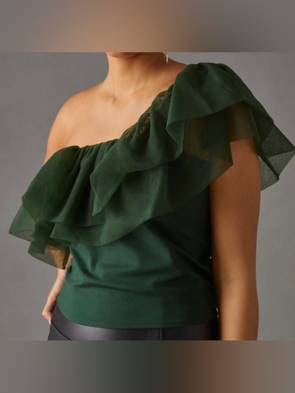 Anthropologie Sunday in Brooklyn emerald green One-Shoulder chiffon Ruffle small